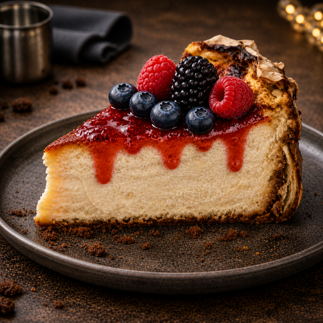 tarta de queso con frutos rojos en porciones