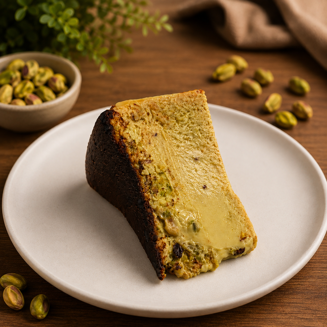Tarta de queso vasca de pistacho en porciones