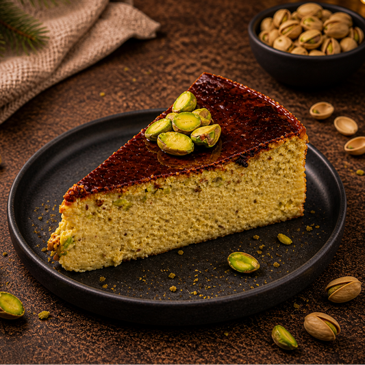 Tarta de queso vasca de pistacho en porciones